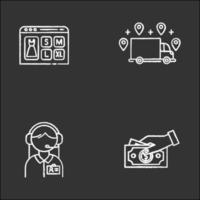 Digital commerce chalk icons set. Online shopping. Ordering delivery and payment by cash. Customer service assistance. Online store application. Isolated vector chalkboard illustrations