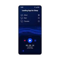 Leading app for sleep smartphone interface vector template. Mobile app page dark blue, black design layout. Soothing sounds of nature screen. Flat UI for application. Wind and thunder. Phone display