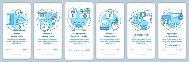 Escape room types turquoise onboarding mobile app page screen with linear concepts. Quest game categories. Walkthrough graphic instructions. UX, UI, GUI vector template with illustrations
