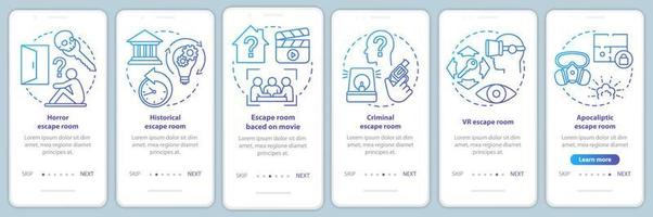 Escape room types blue gradient onboarding mobile app page screen with linear concepts. Quest game categories. Walkthrough graphic instructions. UX, UI, GUI vector template with illustrations