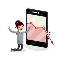 Large mobile phone with falling red business graph. Sad young blogger vector