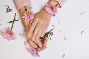 Fashion art skin care of hands and pink flowers in hands of women photo