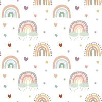 Kids boho pastel rainbow pattern with coluds, rain. Baby boho background. Nursery vector seamles pattern. Nursery wall art baby textile printable paper.
