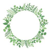 Forest greenery round border frame. Foliage circle greeting card with place for text. Template for invitation card with forest leaves. Vector illustration