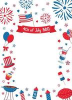 4th of July festival barbecue border frame with flags, grills, fireworks, balloons, food, drinks. Isolated on white background. Design for American Independence Day invitations.