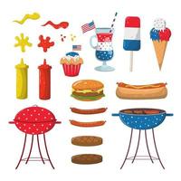 4th of July set of hand drawn fast food and barbecue elements in patriotic colors. Fast food set American Independence Day. American patriotic independence festival. Vector illustration