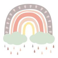 arcoiris pastel boho con nubes, lluvia. ilustración vectorial aislado sobre fondo blanco. perfecto para niños, carteles, estampados, tarjetas, tela. vector