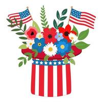 Vector floral bouquet with red, white and navy blue flowers and green leaves. Great for holiday cards, 4th of July banners. Isolated on white background.