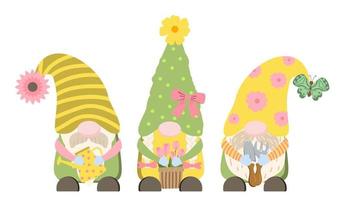 Cute cartoon spring gardening gnomes holding watering can, flowers in a basket, gardening tools. Isolated on white background. Spring gardening banner design. vector
