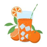 Natural orange juice in a glass with a straw. Fresh squeezed juice with oranges. Healthy organic food. Vector cartoon flat illustration Isolated on white background.