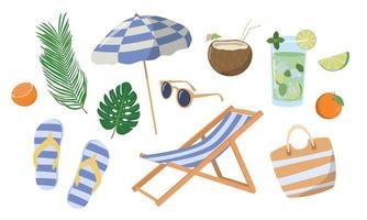 Cute cartoon set of summer beach holiday elements and activities cocktails, sunbed, umbrella, sunglasses. Isolated on white background. Vector clipart. Great for summer banner, print, scrapbooking