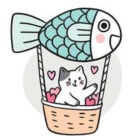 gato lindo de dibujos animados en vector de globo de pescado.