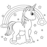 Cute Unicorn Coloring Page With Rainbow vector