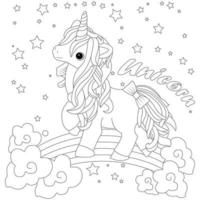 Cute Unicorn Coloring Page With Rainbow vector