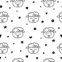 Black and white seamless pattern with doodle outline sheep faces and hearts. vector