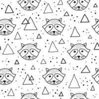 Black and white seamless pattern with doodle outline raccoon faces, triangles and dots. vector