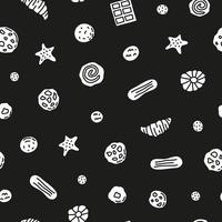 Black and white seamless pattern with doodle cookies, waffles and candies. vector