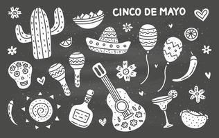 Set of doodle icons for Cinco de mayo celebration isolated on the blackboard. vector