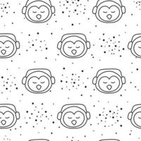 Black and white seamless pattern with doodle outline pinguin faces and dots. vector