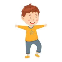 Smiling cartoon boy with open arms. Cheerful child having fun. Vector flat character isolated on the white background.
