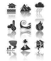 Natural disaster drop shadow black glyph icons set. Earthquake, wildfire, tsunami, tornado, avalanche, flood, downpour, volcanic eruption. Isolated vector illustrations