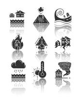 Natural disaster drop shadow black glyph icons set. Environmental hazards. Earthquake, fire, tsunami, tornado, avalanche, flood, downpour, volcanic eruption, drought. Isolated vector illustrations
