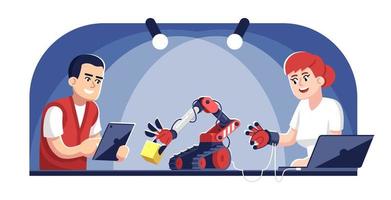 Man and woman operating robot arm flat vector illustration. Droid designing and programming. Computer science. Electronic technology. Engineers testing robotic hand mechanism cartoon characters
