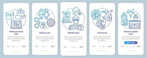 Scam types onboarding mobile app page screen vector template. Online purchase and rental fraud. Walkthrough website steps with linear illustrations. UX, UI, GUI smartphone interface concept