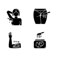 Waxing glyph icons set. Armpit, arm body hair removal. Natural soft sugar wax in jar. Cold depilation strips. Professional beauty treatment cosmetics. Silhouette symbols. Vector isolated illustration