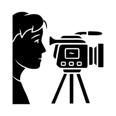 Cameraman glyph icon. Videorecording, filming. Videographer, operator with camera. Video journalist, reporter. Filmmaking. Silhouette symbol. Negative space. Vector isolated illustration