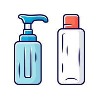 Empty reusable containers color icon. Shampoo and soap bottles for travel. Personal hygiene, self care products. Travelling, trip equipment, item, accessory. Isolated vector illustration