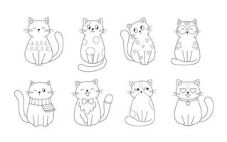 Cute cats collection. Domestic funny kitties. Set of linear vector illustration isolated on white background.