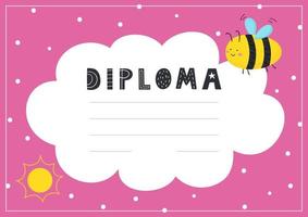 Diploma template with bee and sun for kids. Certificate background for school, kindergarten. Vector illustration.