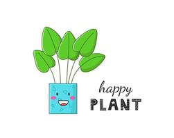 Happy home plant with text. Cartoon funny character. Vector illustration.