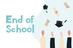 Education concept. End of school. Graduates throw graduation caps in the air.Flat style. Vector illustration.