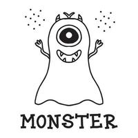 Hand-drawn poster with a cute monster. Doodle style. Vector illustration in scandinavian style.yellow fluffy monster.