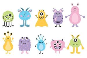 Set of monsters and aliens. Cute hand drawn monsters in scandinavian style. Doodle aliens. Vector illustration.