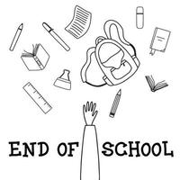 Education concept. End of school. A schoolboy throws school objects into the air. Doodle style. Vector illustration.