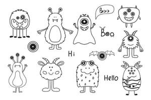 Set of monsters and aliens. Cute hand drawn monsters in scandinavian style. Doodle aliens. Vector illustration.