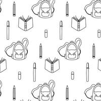 Childish pattern with school items. Drawn pattern with school bag, pen, pencil, eraser. Vector illustration. Doodle style.