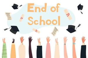 Education concept. End of school. Graduates throw graduation caps in the air.Flat style. Vector illustration.