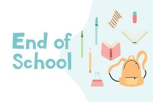 Education concept. End of school. A schoolboy throws school objects into the air. Flat style. Vector illustration.