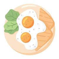 Eggs on a plate. Fried eggs with vegetables and bread. English delicious breakfast. Omelet with bread. Vector illustration in cartoon style.
