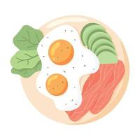 Eggs on a Plate. Fried Eggs with Avocado and Fish Vector illustration in cartoon style. English delicious Breakfast. Omelet with avocado and fish.