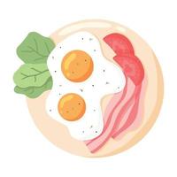 Scrambled Eggs on a plate. Fried Eggs with vegetables and Bacon. Vector illustration in cartoon style. English delicious Breakfast. Omelet with tomato and bacon.