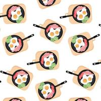 Pattern with Scrambled Eggs in a frying pan. Seamless Pattern with scrambled eggs with vegetables and Bacon. Vector illustration in cartoon style.