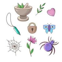 Vector drawing set of magical elements. Mortar and pestle, heart, grass, foliage, butterfly, amulet, spider web, door lock, blooming flower.Vector illustration.