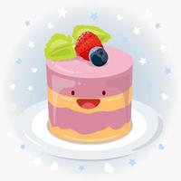 Cute cake, pastry, souffle with berry top vector icon illustration. Cake, pastry, souffle sticker cartoon logo. Food icon concept.  Flat cartoon style suitable for web landing page, banner, sticker.