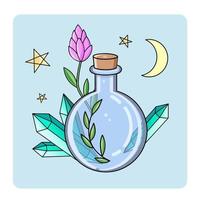 Cute Mystic  icon. Cartoon colorful Magical element collection. Kawaii astrology icons of elixir, crystals, herbs, flowers, crescent moon, pentagram, stars vector stuff.