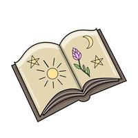 libro mágico sobre astrología, tatuaje mágico para bruja, libro de hechizos y brujería. pegatina, icono, contorno. vector